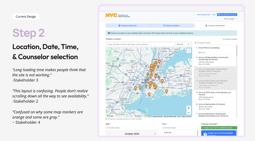 Current interface for location, date, time and counselor selection